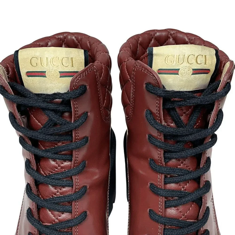 Gucci Magnum Garnet Red Patent Leather Lug Sole Lace Up Boots 37.5 Block Heel - Picture 3 of 12
